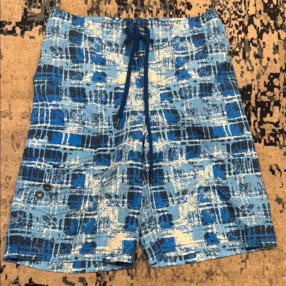 Blue and White Geometric Swim Trunks with Drawstring Waist
